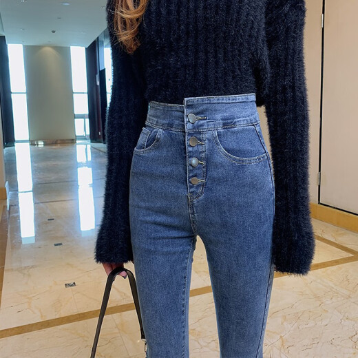 Hundred-yuan pants industry high-waisted velvet jeans for women, thickened, warm, stretchy, slim, winter simple, versatile, pencil pants for small feet, women's retro blue M recommendations (100-115Jin [Jin equals 0.5 kg])