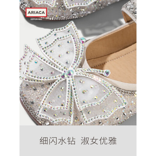 Ariaca Ariasu 2025 new rhinestone children's shoes summer bow soft sole Children's Day girls' princess shoes silver 29 inner length 18.3/suitable for foot length 17.5
