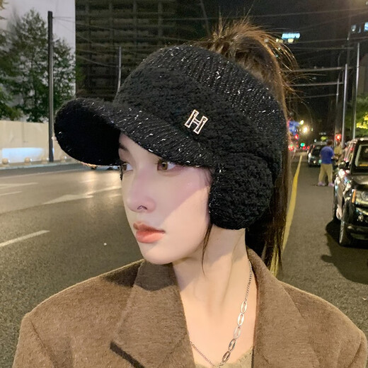 Haoguan peaked cap, winter cycling hat for women, autumn and winter ear protection plus velvet, warm knitted woolen hat, fashionable and versatile, hollow top earmuffs, trendy, coffee color, one size fits all