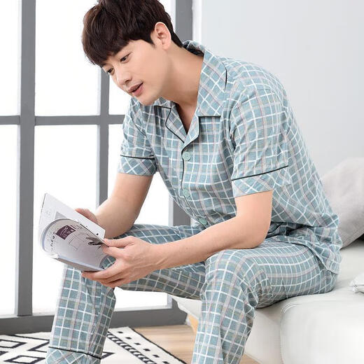 Pretty Ya (Qiaoliya) Pure Cotton Herren-Sommerpyjamas kurzärmeliger Anzug Dünne Sommerhosen Männer mittleren und älteren Frühlings- und Herbststilen Home 698 3xl (Empfohlen 180-200 Jin [Jin gleich 0,5 kg]))