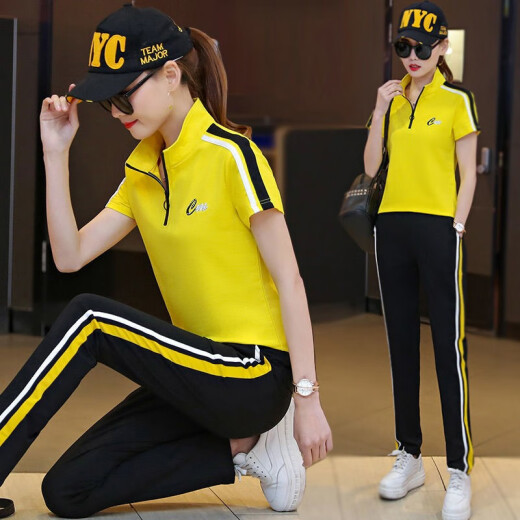 Luo Zhichao sports suit women's summer 2021 new loose slimming short-sleeved large size casual student running suit two-piece set trendy yellow M