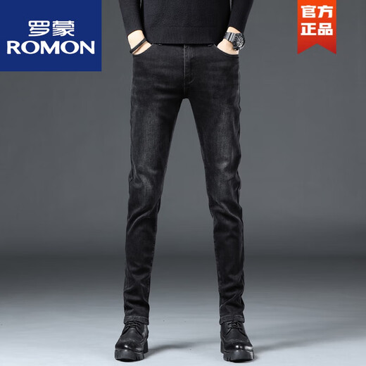 罗蒙（ROMON）秋冬季男士牛仔裤高弹力黑色潮流休闲修身长裤子 深灰色LZQN  1049 28