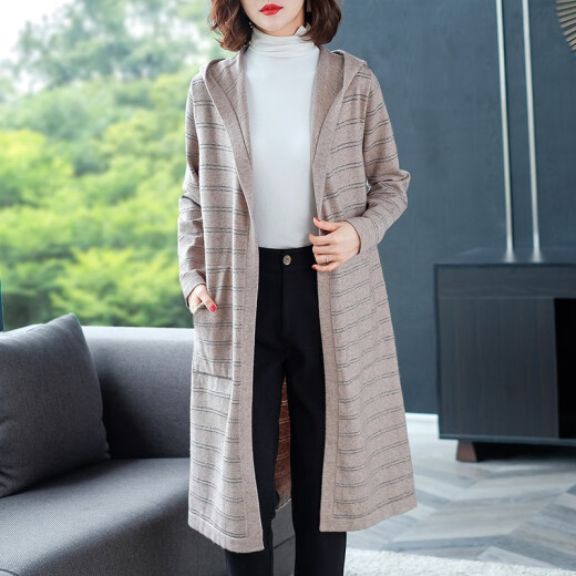 Mingjia Little Elephant Early Autumn Striped Knitted Cardigan Loose Top 2020 Spring and Autumn New Women's Fashion Mid-Length Jacket Khaki M