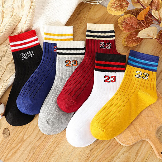 Langsha Children's Socks Boys' Mid-Tube Socks Cotton Breathable Baby Socks Medium and Large Children's Socks 6 Pairs Sports Digital Style