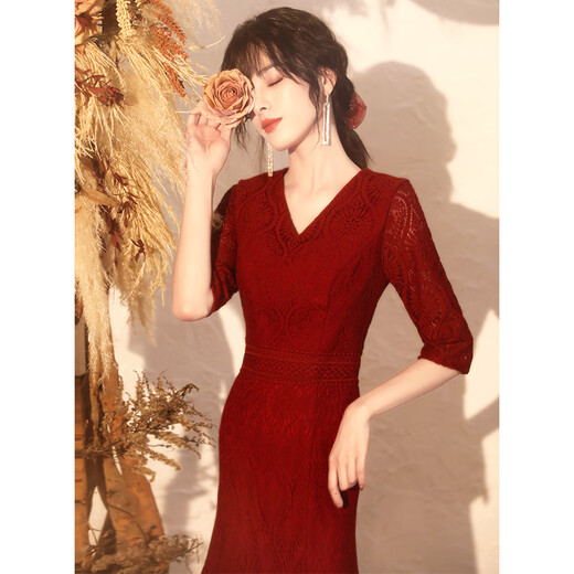 敬酒服晚礼服长袖连衣裙新娘秋冬季酒红色修身结婚鱼尾裙宴会气质酒会 酒红色中长款 S