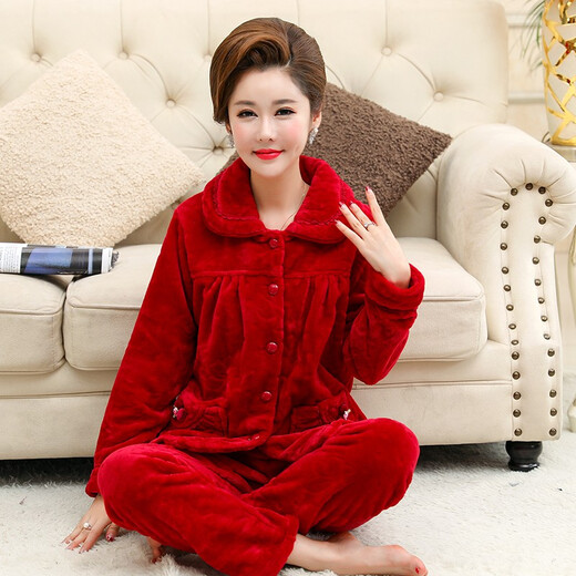 费迈博睡衣女士秋冬季法兰绒家居服冬天加厚珊瑚绒加绒妈妈保暖大码套装 1049 L