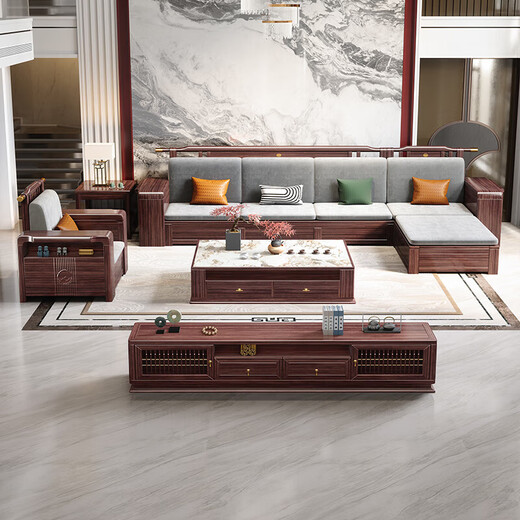 Nanzhu New Chinese Solid Wood Sofa Black Gold Wood Winter and Summer Large Apartment Villa Sofa Combination 825#