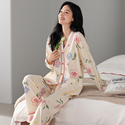 猫人睡衣女舒适亲肤和服带胸垫款秋冬新款休闲简约可外穿女士家居服 9735 M 适合90-100斤