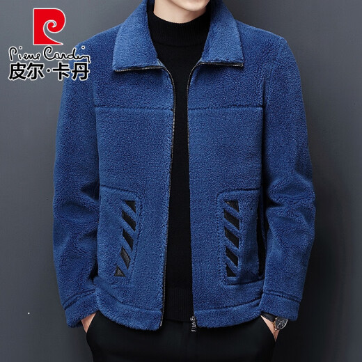 Pierre Cardin brand high-end men's winter grain sheep shear men's fur one-piece lamb wool lapel youth trend fashion fur short coat knitted blue default 1