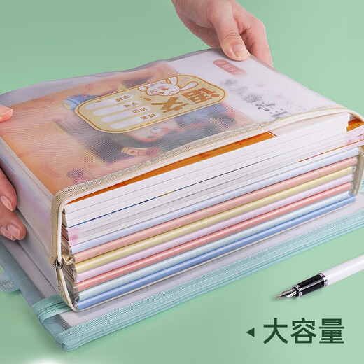 递乐A4文件袋大容量拉链袋学生网纱试卷学科目分类袋收纳作业资料补习袋 三层1484 作业款 双层网纱补习袋 综合款