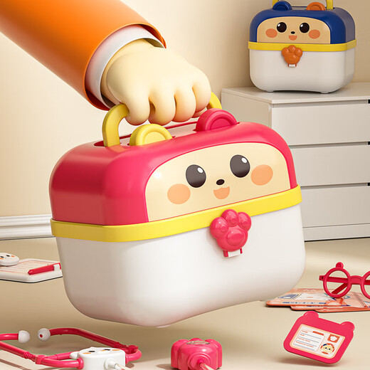Notas de viaje lindas para el pequeño médico para niños jugando a la casa Juego de juguetes para niñas con estetoscopio y kit de tratamiento médico, el bebé juega inyección de juguetes azules de almacenamiento azul conjunto de equipos médicos de 64 piezas (con dientes)