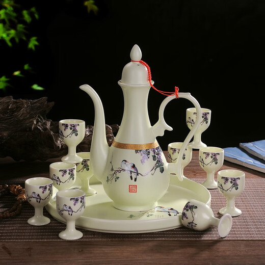 Hongying Ceramics Jingdezhen Chinese Antique Ancient Liquor Set Ceramic Small Wine Glass Goblet One-cup Wine Pitcher Wine Cup Yellow Wine Cup with Tray Gift Box Lilac Wine Set 10 Cups 1 Pot 1 Tray