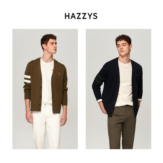 HAZZYS Men's Autumn V-neck Jacket Contrast Color Striped Sleeves Wool Cardigan Men's ABYZD0BCF10 Dark Navy DN L (175/96A 48)