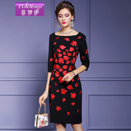 Feimengyi embroidered dress women's three-quarter sleeves 2020 autumn square collar temperament goddess style slim straight one-step skirt black 2XL
