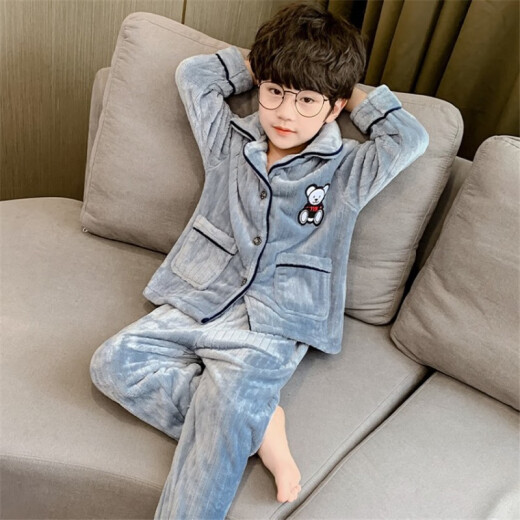 Boys' Home Clothes Coral Fleece Thickened Boys' Pajamas 2020 New Winter Boys' Home Clothes Set Pajamas Warm Flannel 23456789 Years Old Children's Pajamas Male Light Cyan Size 100 Recommended Height 80-90cm