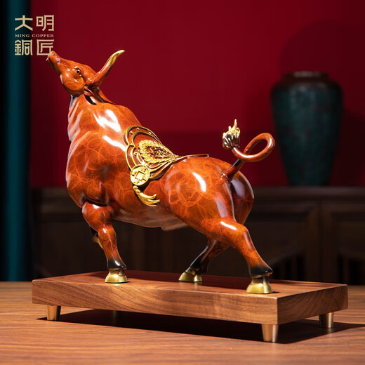 大明铜匠铜摆件金钱牛装饰办公室招财酒柜高档乔迁之喜搬家开业礼物工艺品 新款大号金钱牛30*10*22cm
