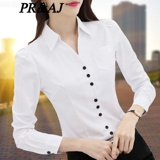 PR/AJ Spring, Autumn and Summer 2021 New Shirt Women's Professional Long Sleeve Work Style Fashionable Commuting Age Reduction Elegant New Product Temperament Outerwear Versatile Shirt White (Polyester Cotton Long Sleeve) S