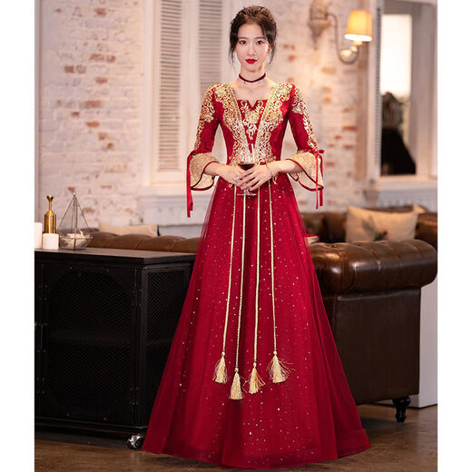 
MIFICY Xiuhe Wear Bride 2023 New Summer Toast Wear 2023 Summer burgundy high-end Chinese long sleeves Burgundy long [684] L
