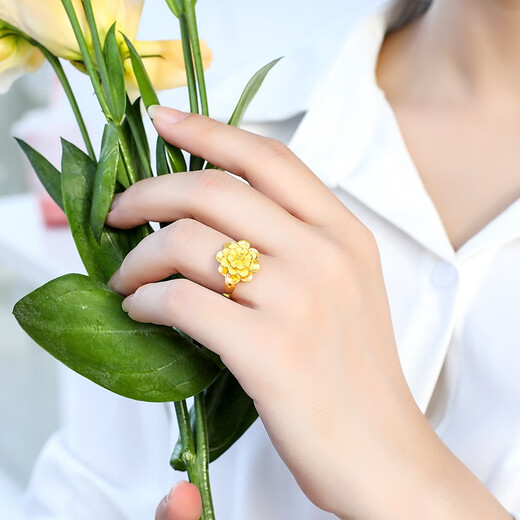 Mengjinyuan Gold Ring Peony Flower Pure Gold Ring as a Birthday Gift for Wife, About 5.4g