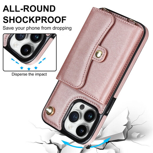 Jinhao Applicable to iPhone16pro max mobile phone case wallet leather case Apple 15 full cover 14 anti-fall 13 protective case card 12 bracelet high-end fashion bracelet + shoulder strap + organ card bag rose gold 6.7-inch apple 12pro max