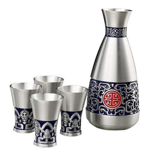 Jixiangyuan pure tin pot white wine cup divided wine pot white wine household Chinese style antique handmade small tinware wine set company business gift gratitude commemorative gift happy reunion (one pot four cups)