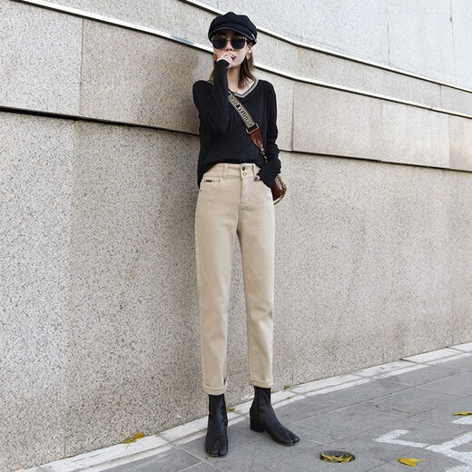 Mushi Demi White Plus Velvet Jeans für Frauen Gerade lösche neue vielseitige Herbst- und Winterhoch-Taille, die neun Punkte ungezwungene Zigarettenhosen schwarzer Single-Knopf (plus Samt) 13588 26 schlächen