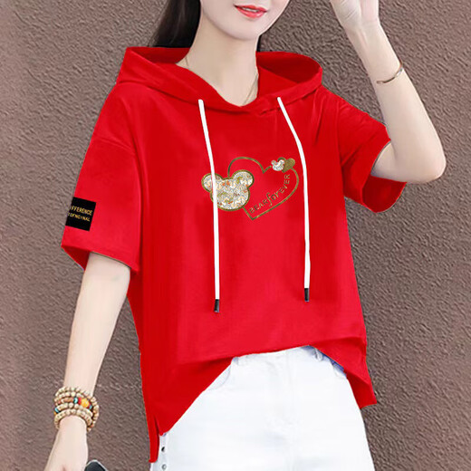 熊司令有戴带帽孑的棉半袖女帽衫短袖t恤连帽女装新款夏季宽松半截袖 蓝色-687袖子标 2XL 2xl