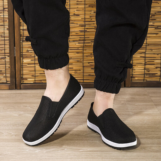 IQGD Traditional Cloth Shoes Men's Old Beijing Cloth Shoes Casual Low-top Thousand-Sole Slip-On Old Man Shoes 052 Black Size 42