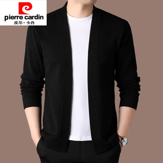 Pierre Cardin high-end wool sweater men's knitted cardigan spring and autumn new solid color fashion versatile casual black sweater jacket black L 170/ (suitable for weight 120-140)