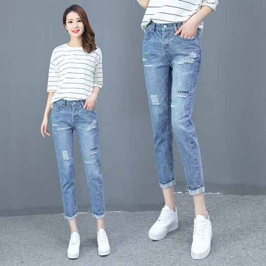 Silkenoy nine-point jeans for women in autumn 2020 new Korean style straight-leg loose slim casual versatile versatile ripped women's pants trendy nine-point pants light blue M/27