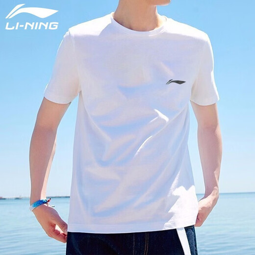 李宁（LI-NING）短袖t恤男士运动服饰篮球服男装冰丝速干足球服跑步服健身服 897标准白-1（品牌LOGO） L