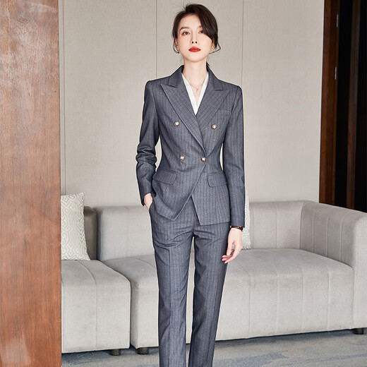 Sugargirl gray high-end professional small suit suit female new work clothes teacher interview suit jacket workwear spring and autumn gray striped long-sleeved suit + pants XL