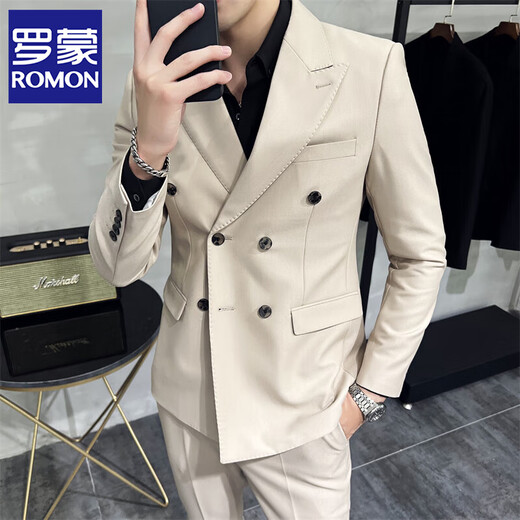 
ROMON light luxury high-end double-breasted suit suit men's Korean style slim business formal casual suit two-piece set Military green [double-breasted T687] XL