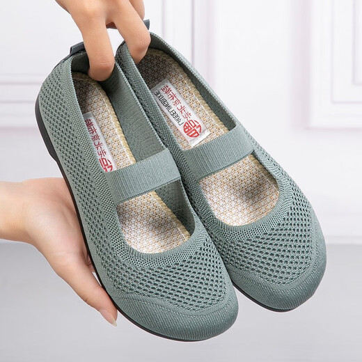 福来红夏季新款老北京布鞋女鞋浅口一脚蹬妈妈鞋镂空软底中老年透气单鞋 绿色 38