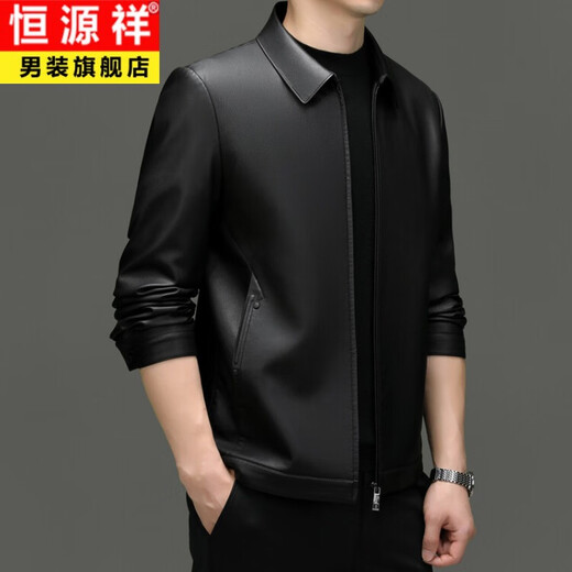 Hengyuanxiang Men's Leather Jacket Autumn and Winter Young and Middle-aged Lapel Matte Soft Leather Men's Motorcycle PU Casual Handsome Leather Jacket Black XL 175