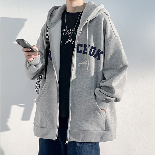 百鹊亭夹克男2025春夏季美式潮牌运动连帽开衫外套男青少年时尚卫衣男 杏色 L