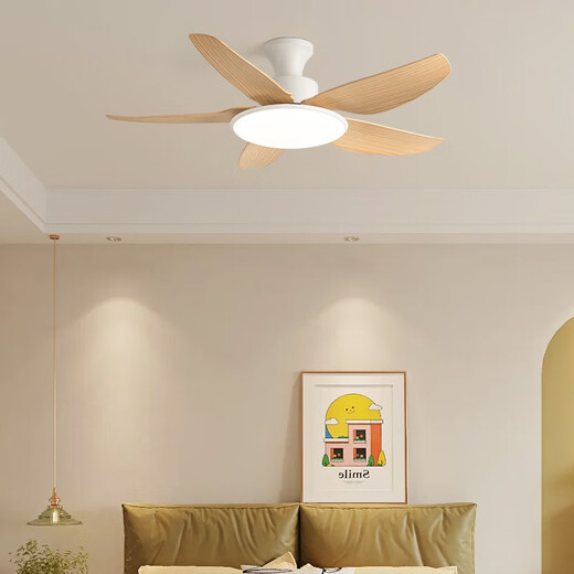 Schöne Lampen und Guangdong Zhongshan Lampen Einfache moderne Fan Lampenrestaurant Kronleuchter Creme Holzstil Esszimmer Esstisch Ventilator Kronleuchter Volles Spektrum 46-673a absorbieren graue helle Holzkornblätter