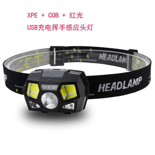 Battlefield camp strong light XPE+COB+red light USB charging led induction headlight waterproof night fishing cycling camping mountaineering headlight headlight black + helmet bracket