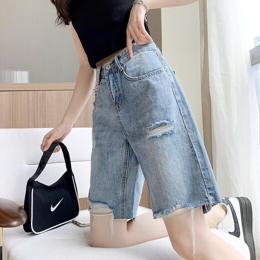 Ruxuan Fünf-Punkte-Jeans für Frauen im Sommer, dünne hohe Taille locker und schlampig mit breitem Bein 5-Punkte-5-Punkte-Hose A-Line Breeze Hosen Blau 6212 Stil 32 (empfohlen 145-160 Jin [Jin gleich 0,5 kg]))