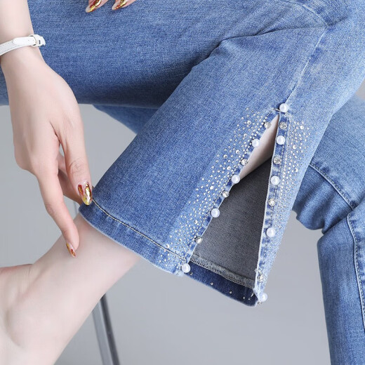 Leichte Luxus neun Punkte leicht ausgestellte Jeans für Frauen 2025 Neue hoch taillierte schlanke kleine Seitenschlitz-Glockenbodenhose für Frauen Blau 6621 Frühlings- und Sommerdünn L /28 105-115jin [Jin entspricht 0,5 kg]