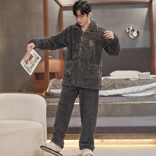 Langsha Pajamas Coral Velvet Men's Coral Velvet Automne et hiver Plus Velvet Les vêtements de revers épaissis en velours peuvent être portés à l'extérieur pour un ensemble simple de deux pièces [épaissi] Broidered Bear 2xl [145-175jin [Jin est égal à 0,5 kg]]]