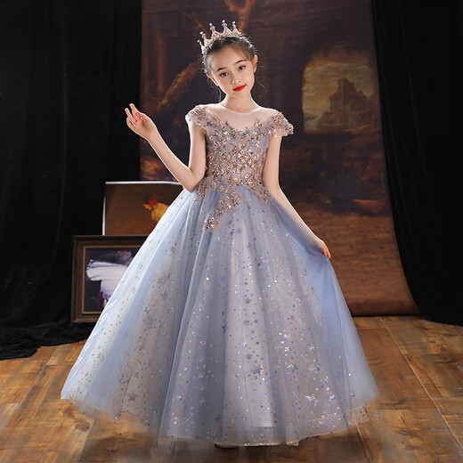 Little Kayi Dicke Kinderkleid Prinzessin Rock High-End Girls Piano Performance Kleidung Langarm Blumen Kinder Hochzeitskleid Little Girl Host Sommer Champagner 1591 Kurzfront und langhältiger Rücken 150