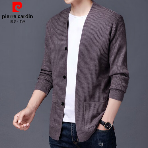 Pierre cardin brand knitted cardigan men's casual shawl sweater men's clothing, middle-aged and young versatile comfortable shawl wool tops men's lotus color M