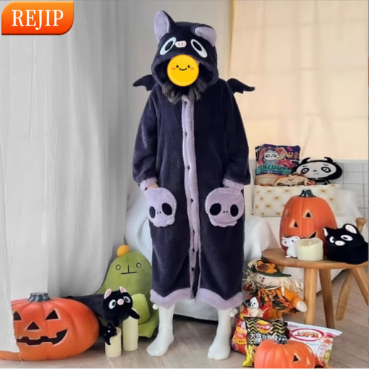 REJIP bat coral velvet pajamas for women, cute couple nightgown, men's winter flannel plush nightgown one-piece home wear set, small bat nightgown (nightgown + pants) XL recommended height [170-178CM]
