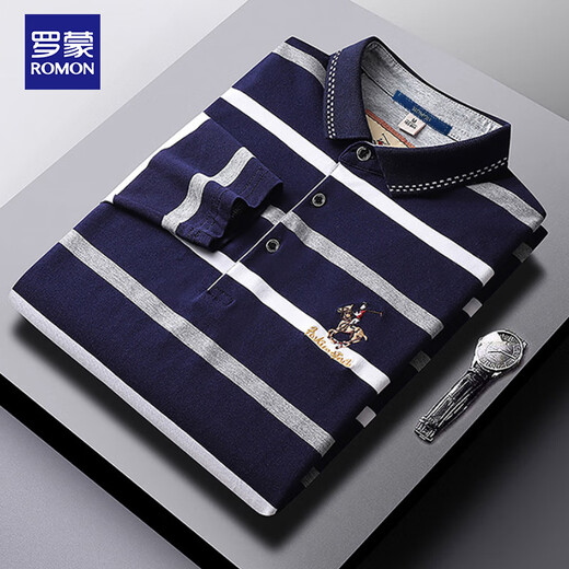 ROMON T-shirt men's spring and autumn striped lapel trendy business casual slim long-sleeved POLO bottoming shirt men's top BYBL8851 Yellow XL