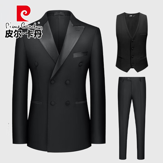 Pierre Cardin high-end light luxury suit men's business tuxedo dress groom wedding suit host banquet formal suit three-piece suit green fruit collar + 7 pieces of gift L 46 size