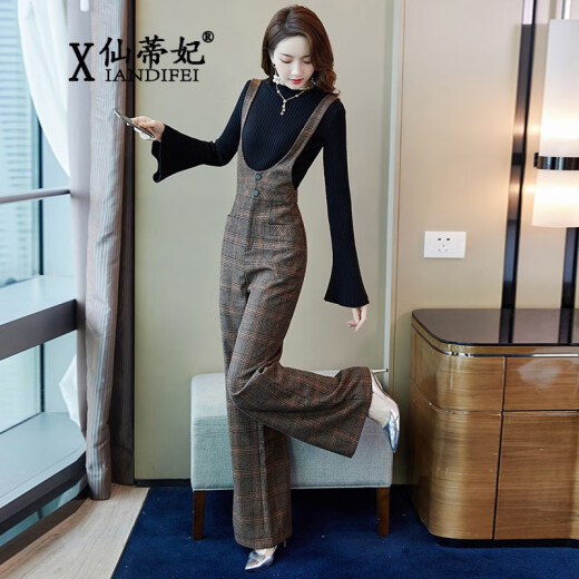 Xanti Fei fashion suspender wide-leg pants suit for women 2021 spring and autumn new Korean style temperament knitted top high waist slim plaid jumpsuit small fragrance foreign style light mature two-piece trendy picture color S