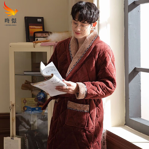 咚憬冬季男士珊瑚绒睡袍加厚加长款三层夹棉保暖浴袍中年加绒睡衣冬天 Y9848【加厚加长】 2XL （建议160-185斤）