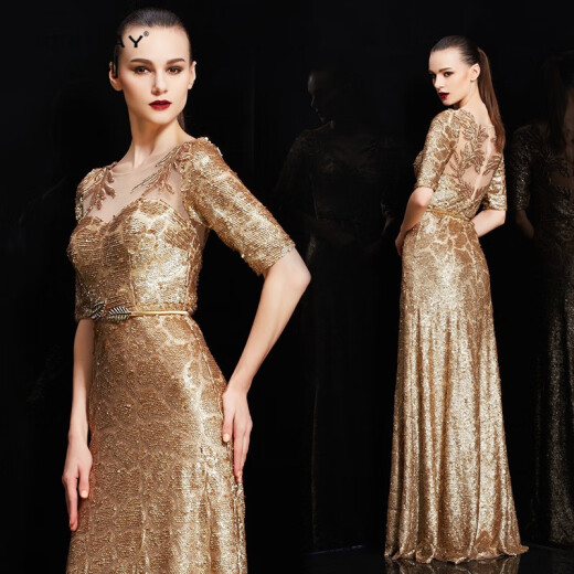 SERLEAY brand high-end customized golden sexy embroidered hollow evening dress autumn and winter 2020 new long skirt slimming slim evening dress for women golden M