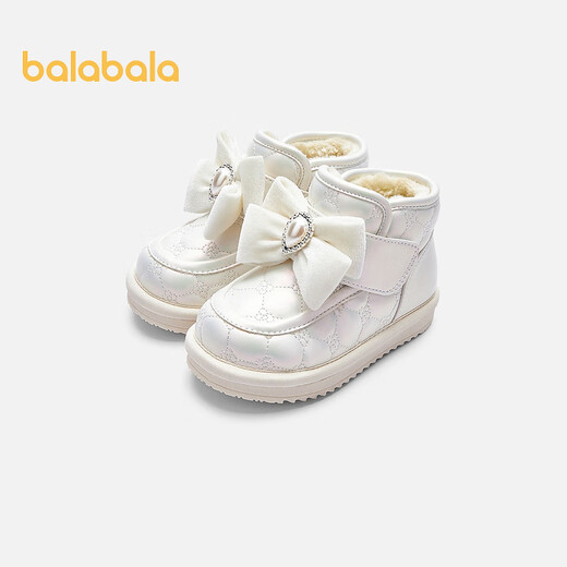 Balabala children's shoes children's boots girls winter baby cotton boots plus velvet thickening snow boots bow fashion warm and non-slip white tone 00311 21 size
